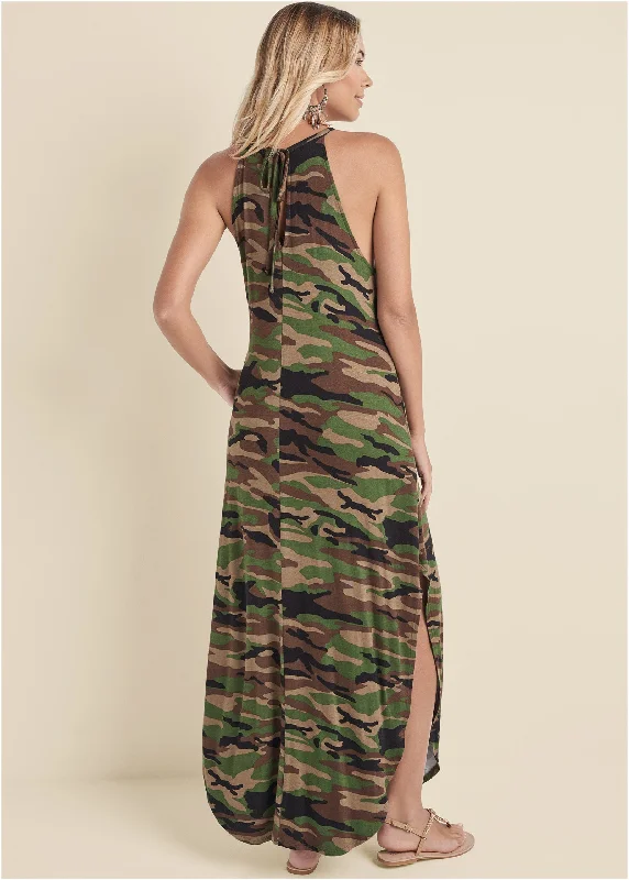 Tie neck maxi dress - Olive Multi