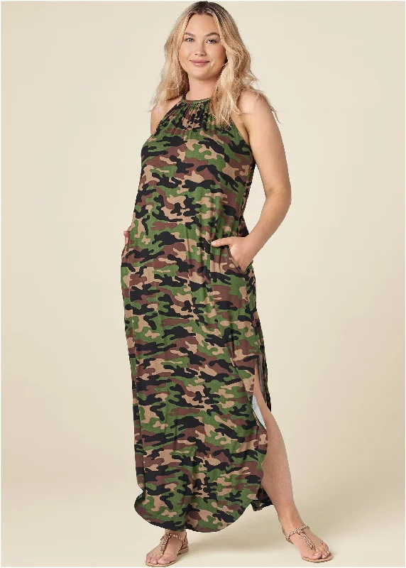 Tie neck maxi dress - Olive Multi