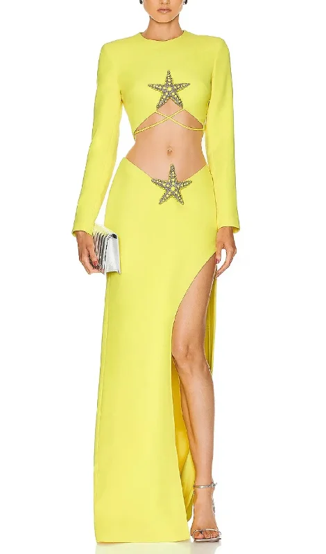 YELLOW BEADED STARFISH DIAMOND LONG SLEEVE HIGH WAISTED SPLIT DRESS