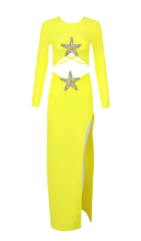 YELLOW BEADED STARFISH DIAMOND LONG SLEEVE HIGH WAISTED SPLIT DRESS