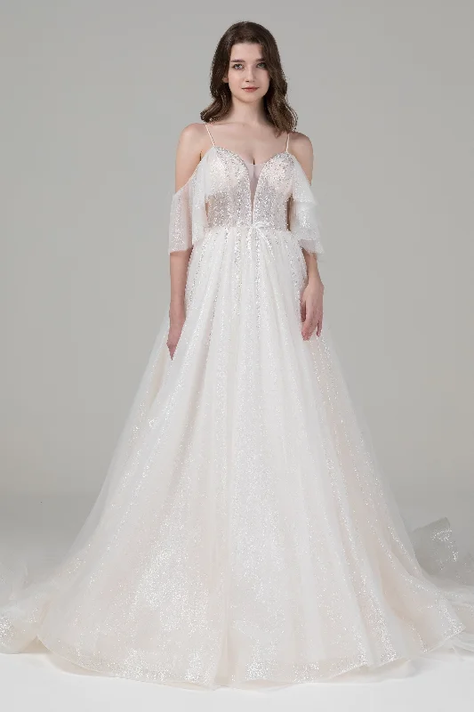 A-Line Chapel Train Tulle Wedding Dress CW2540