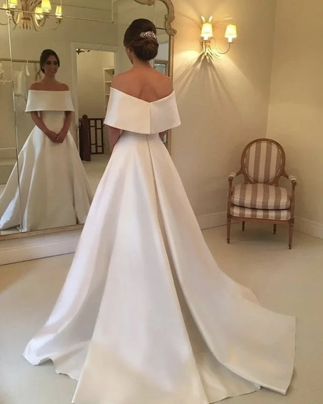 A-line Off The Shoulder Long Satin Wedding Dresses