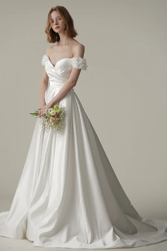 A-Line Sweep-Brush Train Satin Wedding Dress CW3093