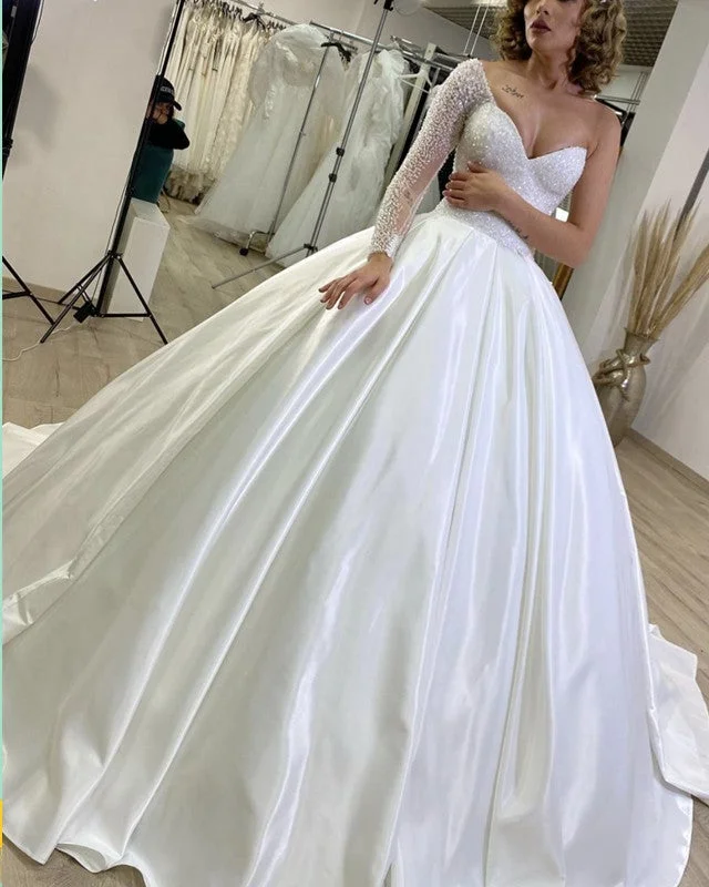 Ball Gown Satin Wedding Dress One Shoulder With Sparkles