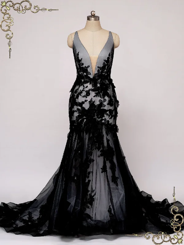 Black Lace Wedding Dress with 3D Flowers AMARIS