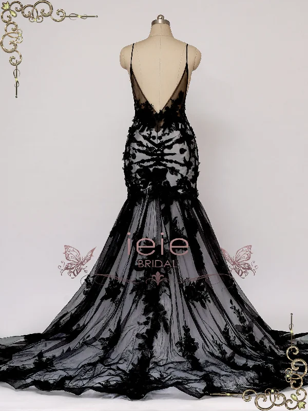 Black Lace Wedding Dress with 3D Flowers AMARIS