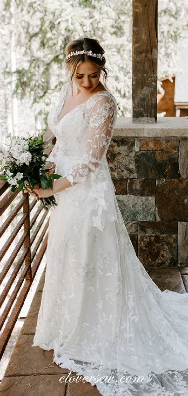 Charming Lace Long Sleeves Scoop Back Boho Wedding Dresses, CW0191