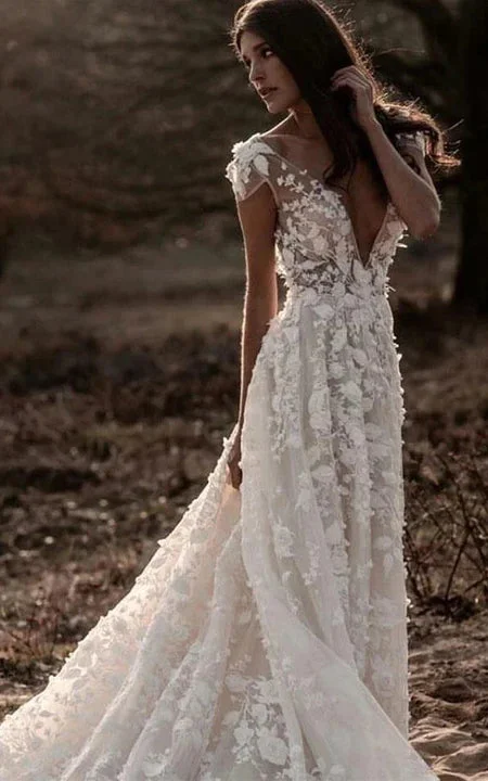 Country Cap Plunged Keyhole Empire A-line Boho Lace Applique Wedding Dress