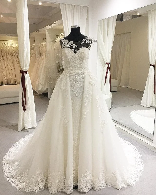 Elegant Sheer Lace Appliques Neckline Court Train Princess Wedding Dresses