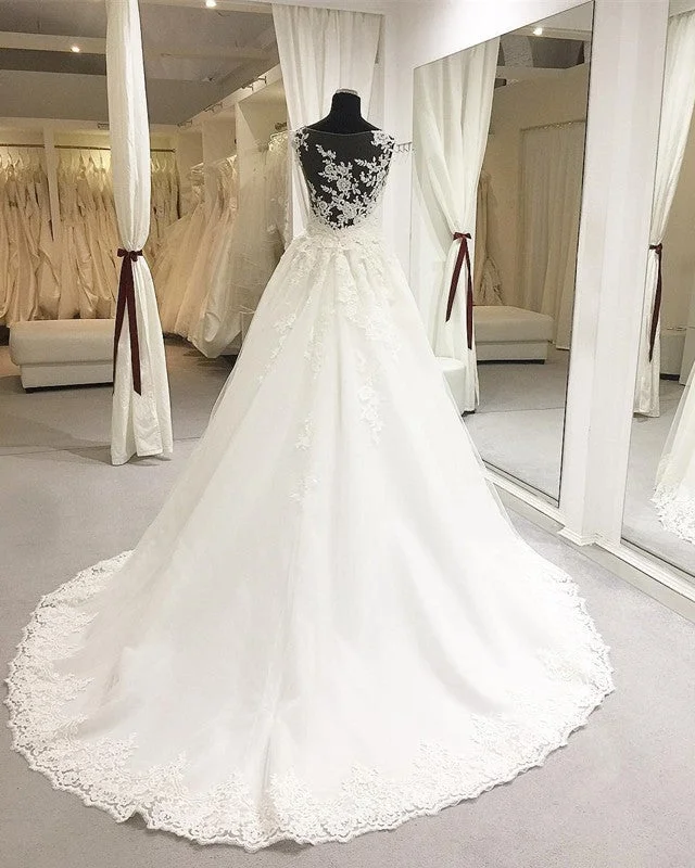 Elegant Sheer Lace Appliques Neckline Court Train Princess Wedding Dresses