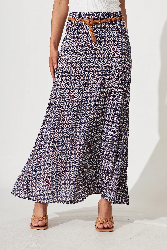 Josephine Maxi Skirt With Belt In Blue Tile Print