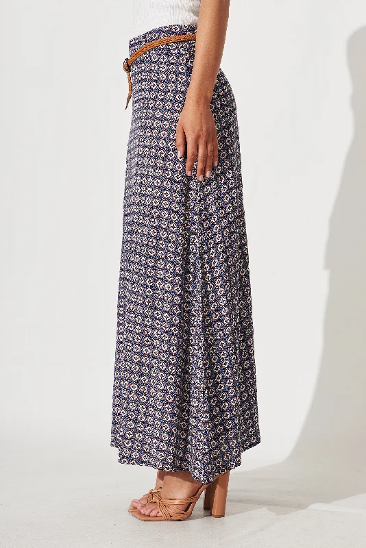 Josephine Maxi Skirt With Belt In Blue Tile Print