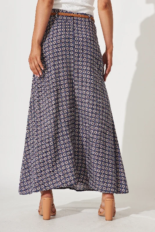 Josephine Maxi Skirt With Belt In Blue Tile Print