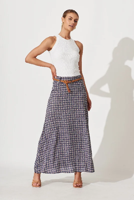 Josephine Maxi Skirt With Belt In Blue Tile Print