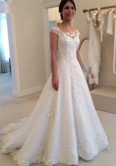 Lace Adorable Bateau Wedding Dress With Illusion Button Back And Cap Sleeves