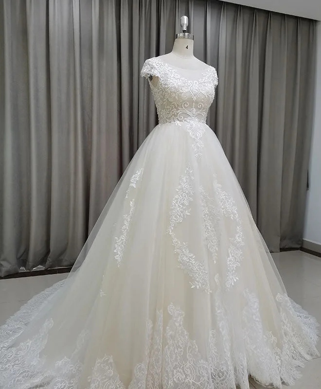 Light Champagne Tulle Lace Long Wedding Dress Lace Bridal Dress