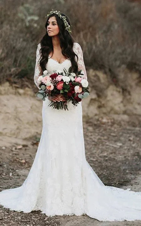 Long Sleeve Deep-v Back Lace Sheath Casual Outdoor Wedding Dress