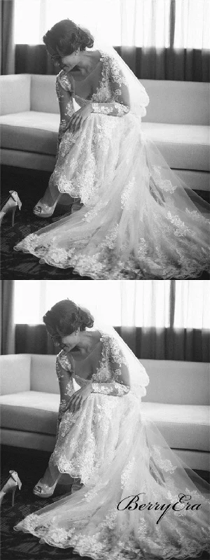 Long Sleeves Lace Tulle Mermaid Wedding Dresses, Bridal Gown