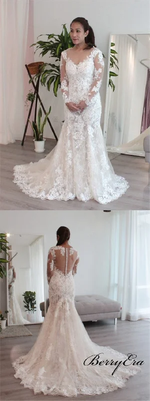 Long Sleeves Lace Tulle Mermaid Wedding Dresses, Bridal Gown