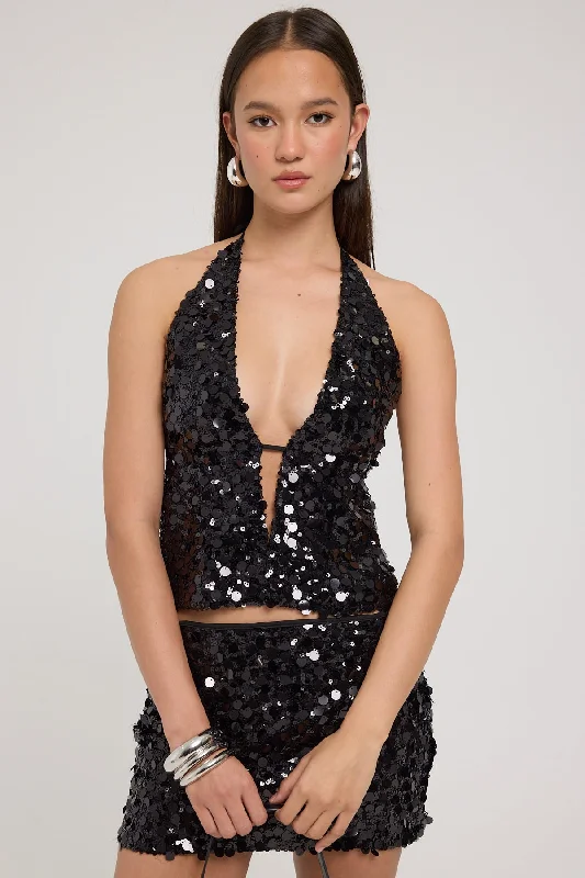 Luck & Trouble Bubble Light Sequin Halter Top Black