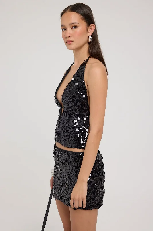 Luck & Trouble Bubble Light Sequin Halter Top Black