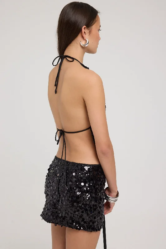 Luck & Trouble Bubble Light Sequin Halter Top Black