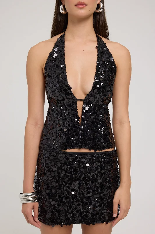 Luck & Trouble Bubble Light Sequin Halter Top Black