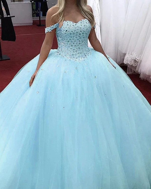 Tulle Princess Ball Gown Dresses Crystal Beaded Off The Shoulder