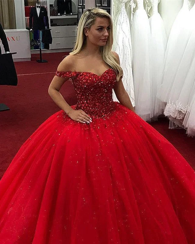 Tulle Princess Ball Gown Dresses Crystal Beaded Off The Shoulder