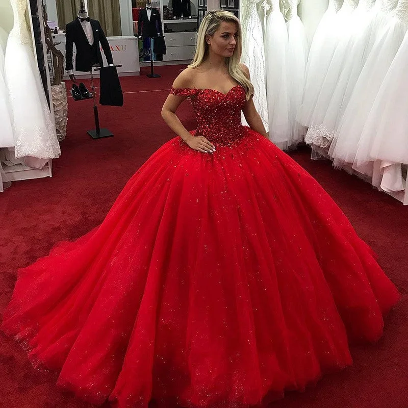 Tulle Princess Ball Gown Dresses Crystal Beaded Off The Shoulder