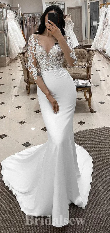 Mermaid Unique Elegant Long Sleeves New Vintage Dream Beach Long Wedding Dresses WD533