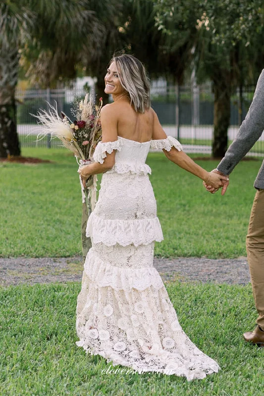 Off The Shoulder Lace Sheath Boho Wedding Dresses, CW0262