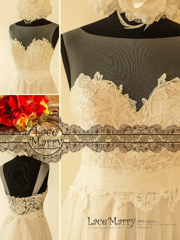 Romantic Sheer Neckline Boho Wedding Dress