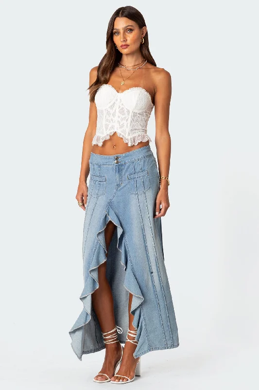 Valencia Ruffle Slitted Denim Maxi Skirt