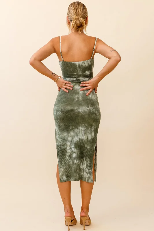 Serenade Me Square Neckline Side Split Midi Dress Tie Dye Olive