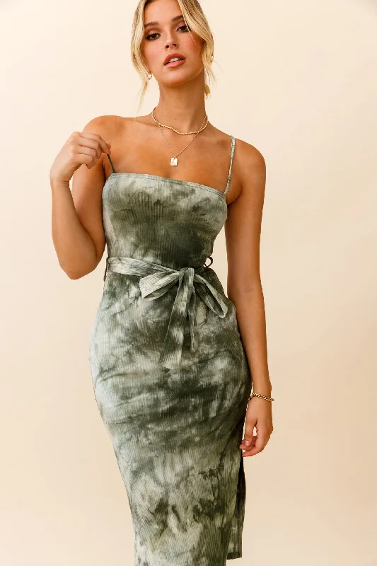 Serenade Me Square Neckline Side Split Midi Dress Tie Dye Olive