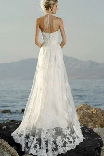 sheath Sleeveless Halter Court Train Lace Wedding Dresses