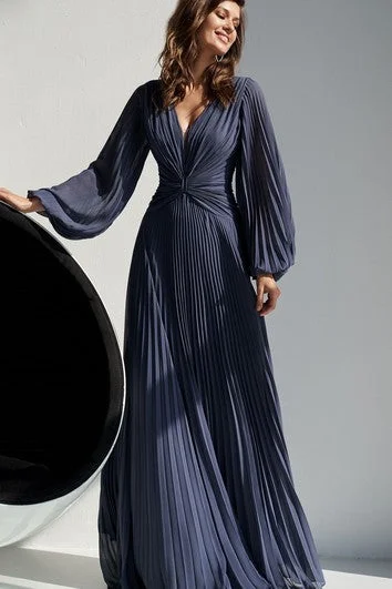 Simple V-neck A Line Chiffon Floor-length Evening Dress with Pleats