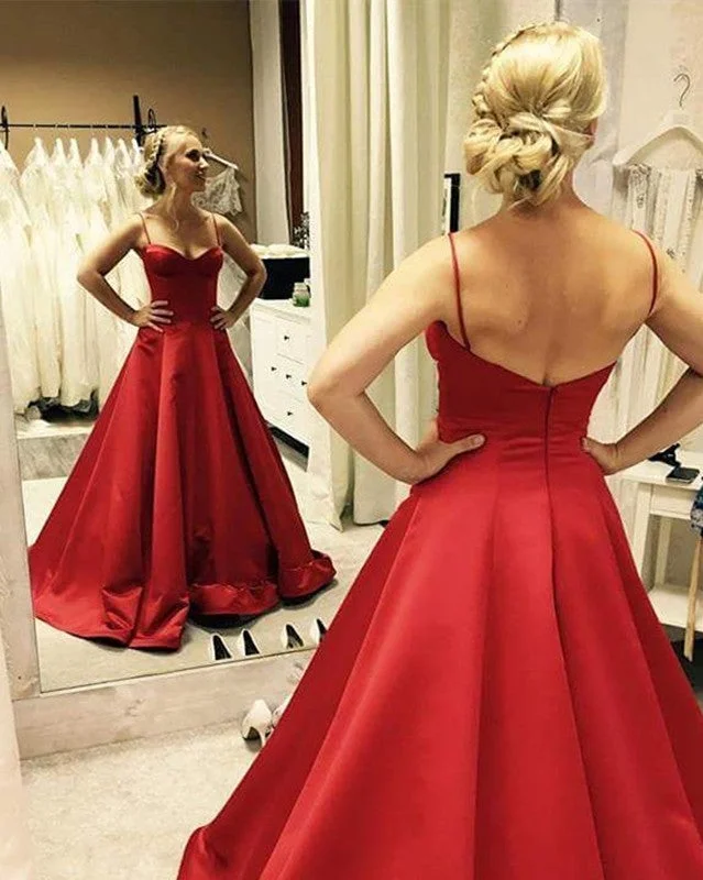 Spaghetti Straps Sweetheart Long Satin Ball Gown Prom Dresses