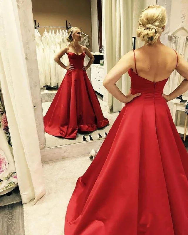 Spaghetti Straps Sweetheart Long Satin Ball Gown Prom Dresses