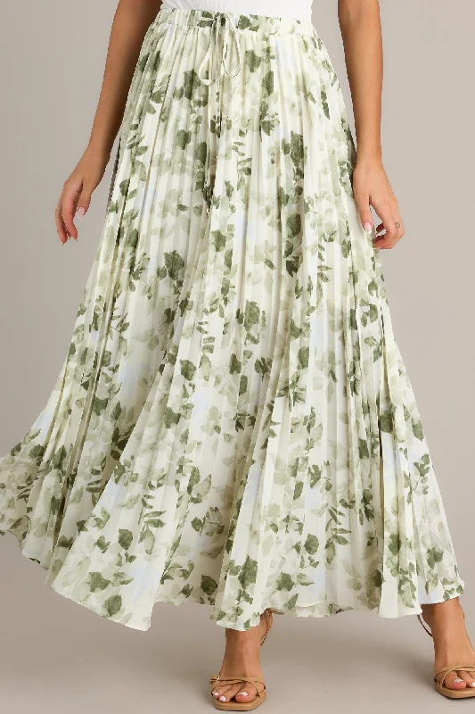 Verdant Garden Green Floral Pleated Maxi Skirt