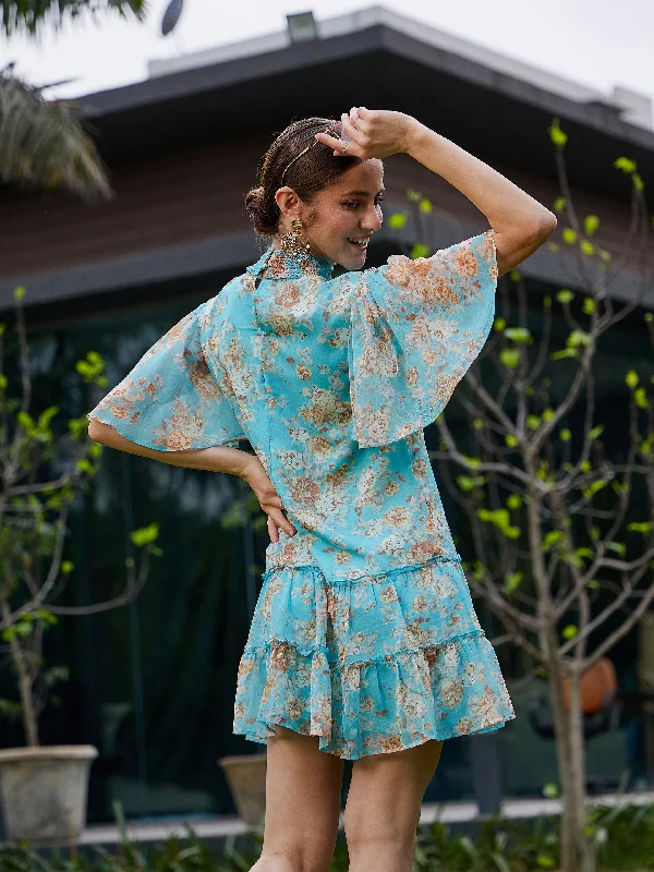 Women Turquoise Floral Tiered Short Dress