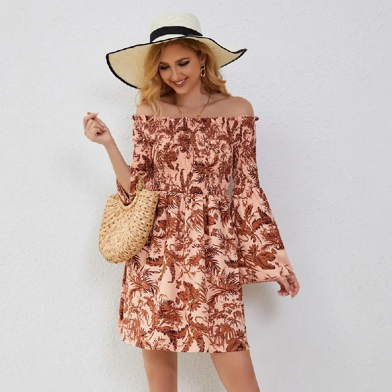 Women's Sexy Printed Smocking Casual Bell Sleeve Dresses