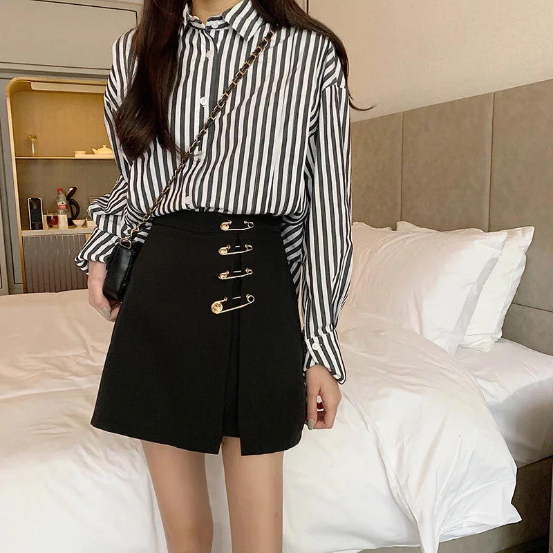 KittenAlarm - High Waist Big Pin Buckle A-Line Skirt