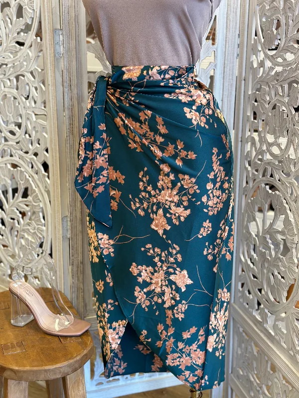 Knotted Wrapped Floral Satin Skirt- Slightly Stretchy