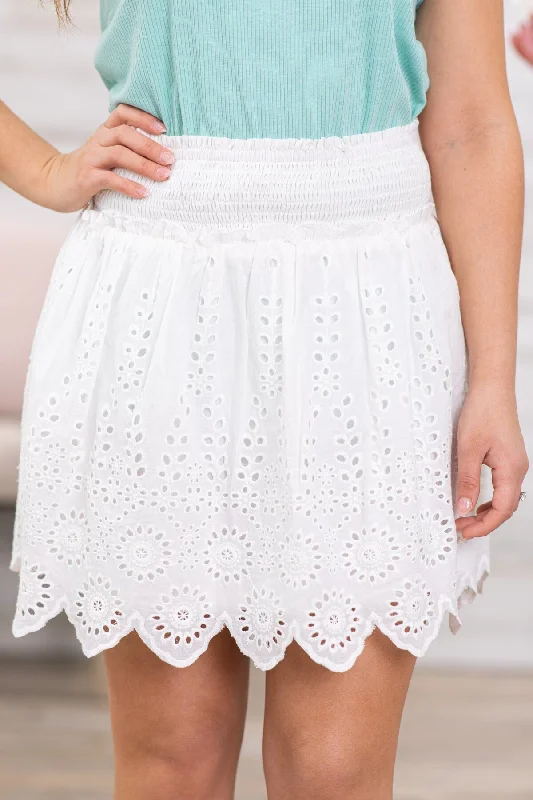 Off White Laser Cut Detail Smocked Waist Skirt