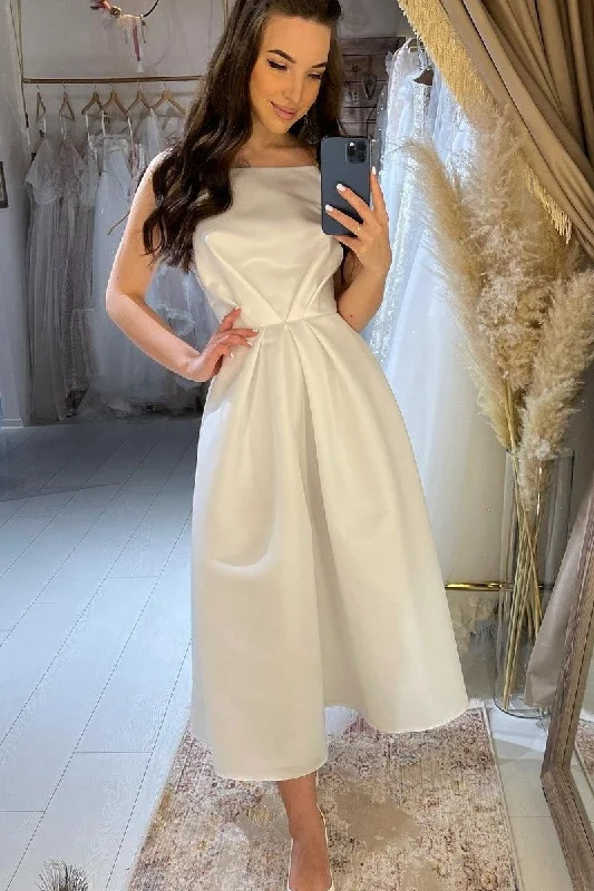 Save More When You Shop More!Boat Neck Satin Informal Bride Dress Tea-Length