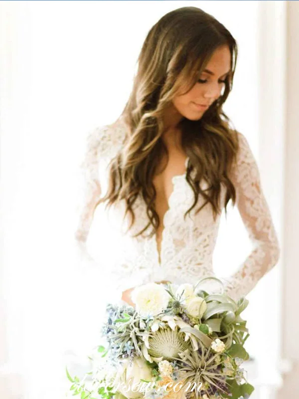 Your Discount is Waiting!Fully Lace Long Sleeves Open Back Mermaid Wedding Dresses,CW0130