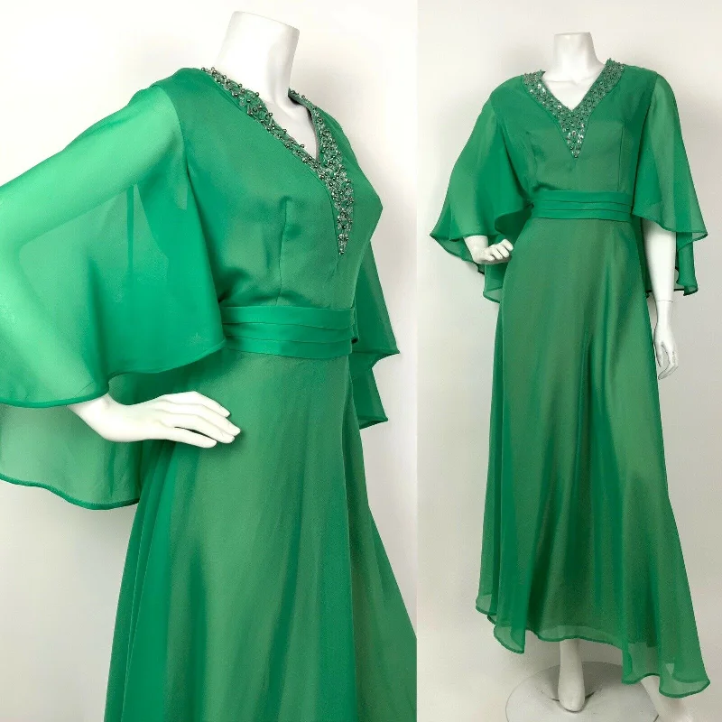 Unmissable Offers Await!VINTAGE 60s 70s GREEN SILVER IRIDESCENT SEQUIN BEADED CAPED SHEER MAXI DRESS 12
