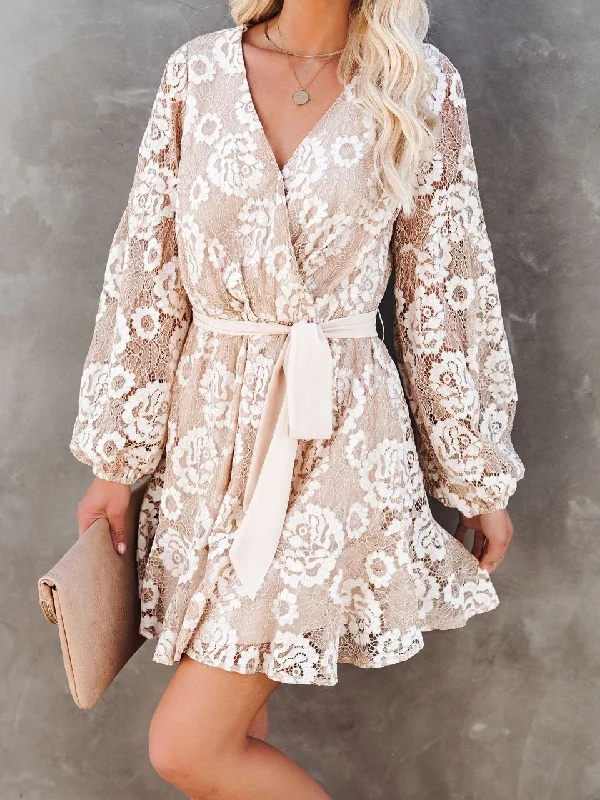 Best Price of the Season!Long Sleeve Lace Printed Bohemian Ruffle Dress